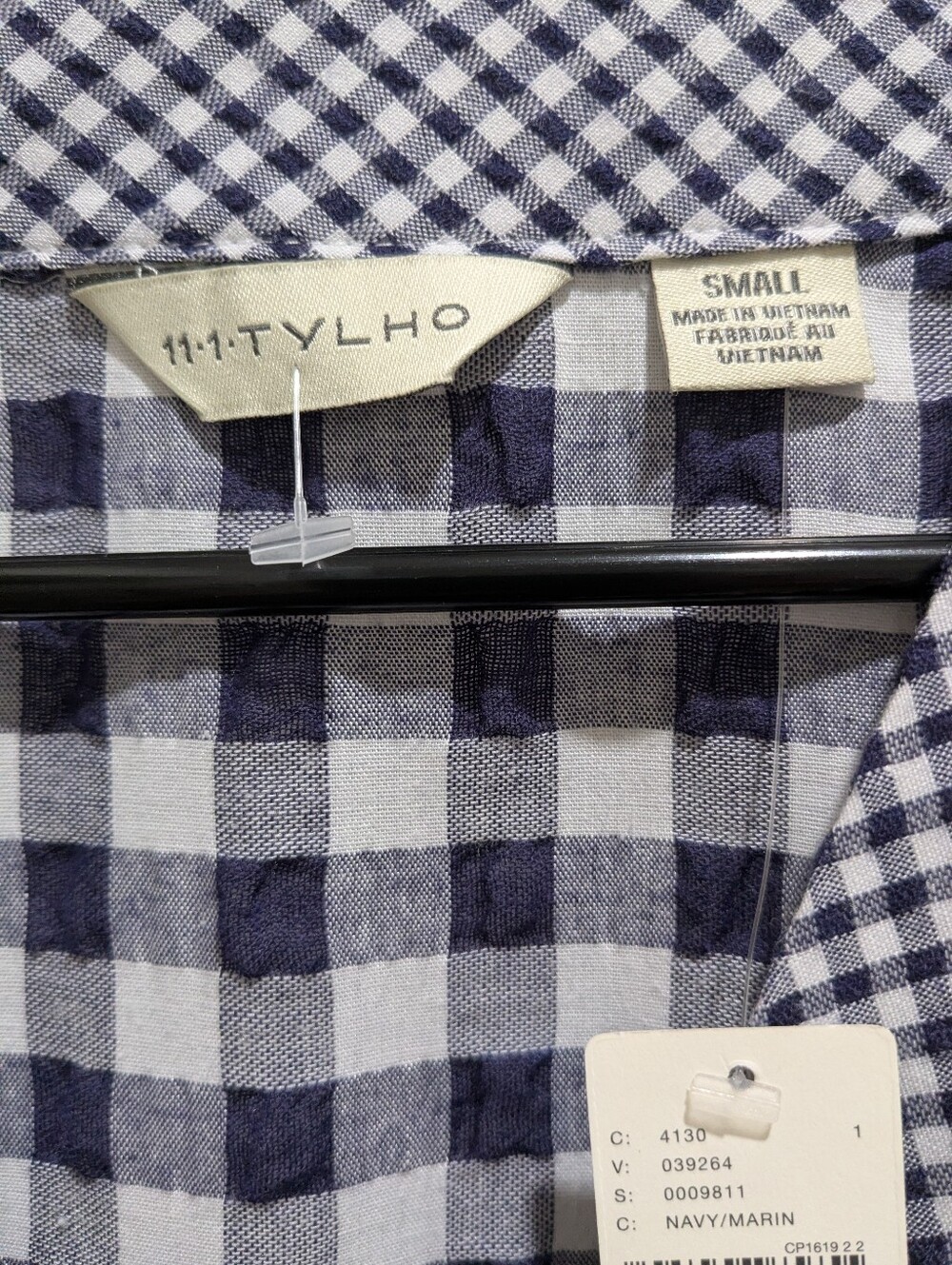 Anthropologie 11-1-TYLHO V Neck Swing Dress Navy and White Gingham Tiered Sz. S - Picture 6 of 8